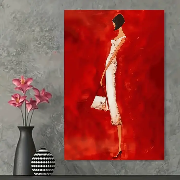 Affiche imprimée de femme abstraite moderne en robe blanche, peinture sur toile rouge vif, tableau d'art mural pour salon, décoration de maison, cadeau