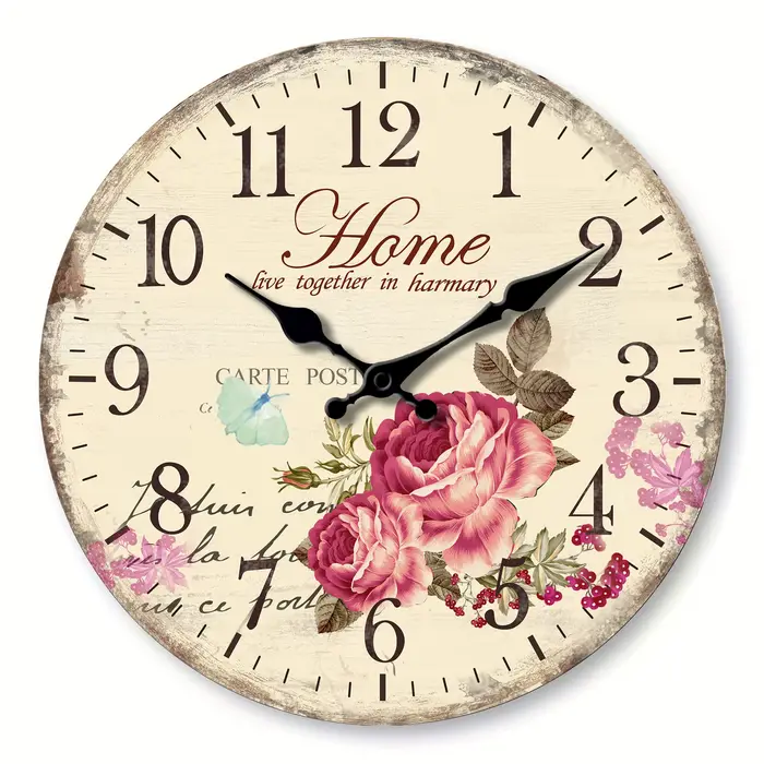1 Horloge Murale en Bois, Design de Fleurs et de Papillons Colorés, Silays euse, Adaptée à la Décora